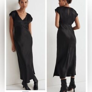 Madewell Black Satin V Neck Midi Dress Size 6 NWT